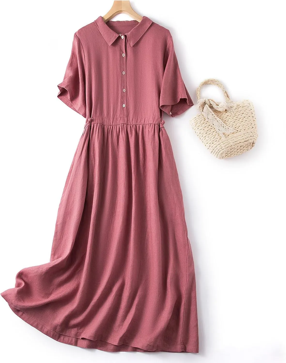 Summer Linen Dresses for Women 2025 Short Sleeve Button Shirt Dress Lapel Vneck Casual Beach Vacation Maxi Dresses