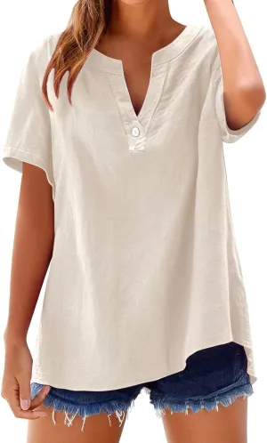 Tops for Women Trendy Summer 2025 Cotton Linen Shirts Short Sleeve V Neck Blouses Casual Tunic Loose Fit Outfits