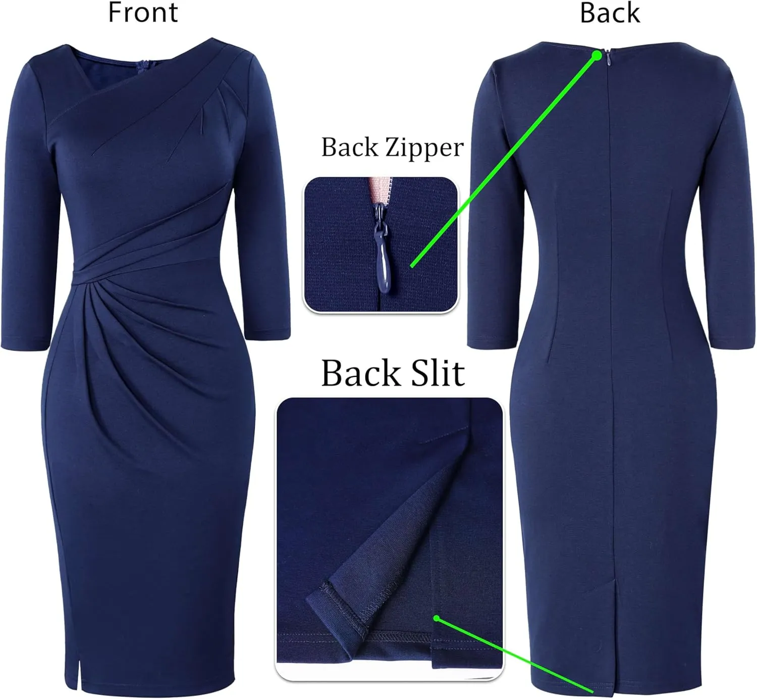 VFSHOW Womens Asymmetrical Neck Pleated Front Slit Office Business Work Church Slim Fit Pencil Sheath Dress