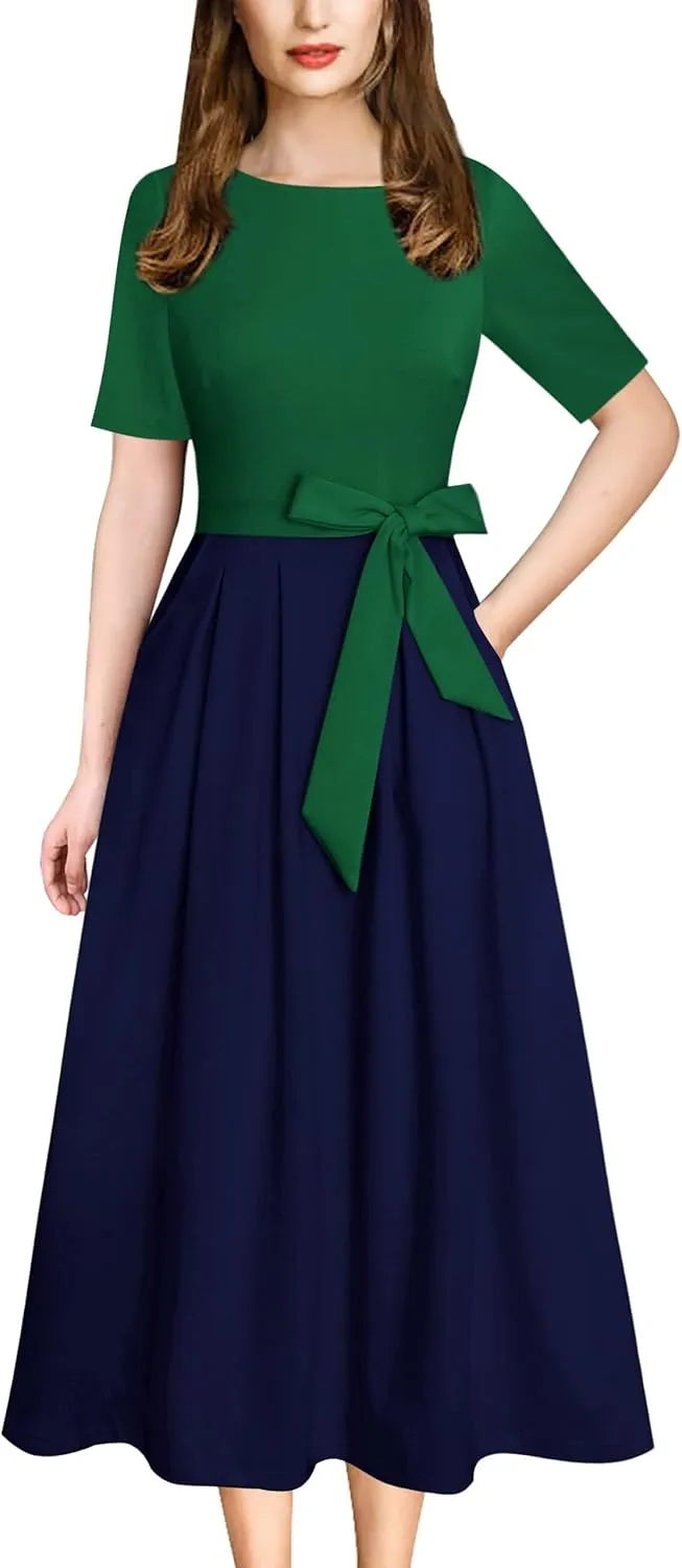 VFSHOW Womens Elegant Patchwork Pockets Pleated Work Office Business Casual Party Belted A-Line Midi Dress