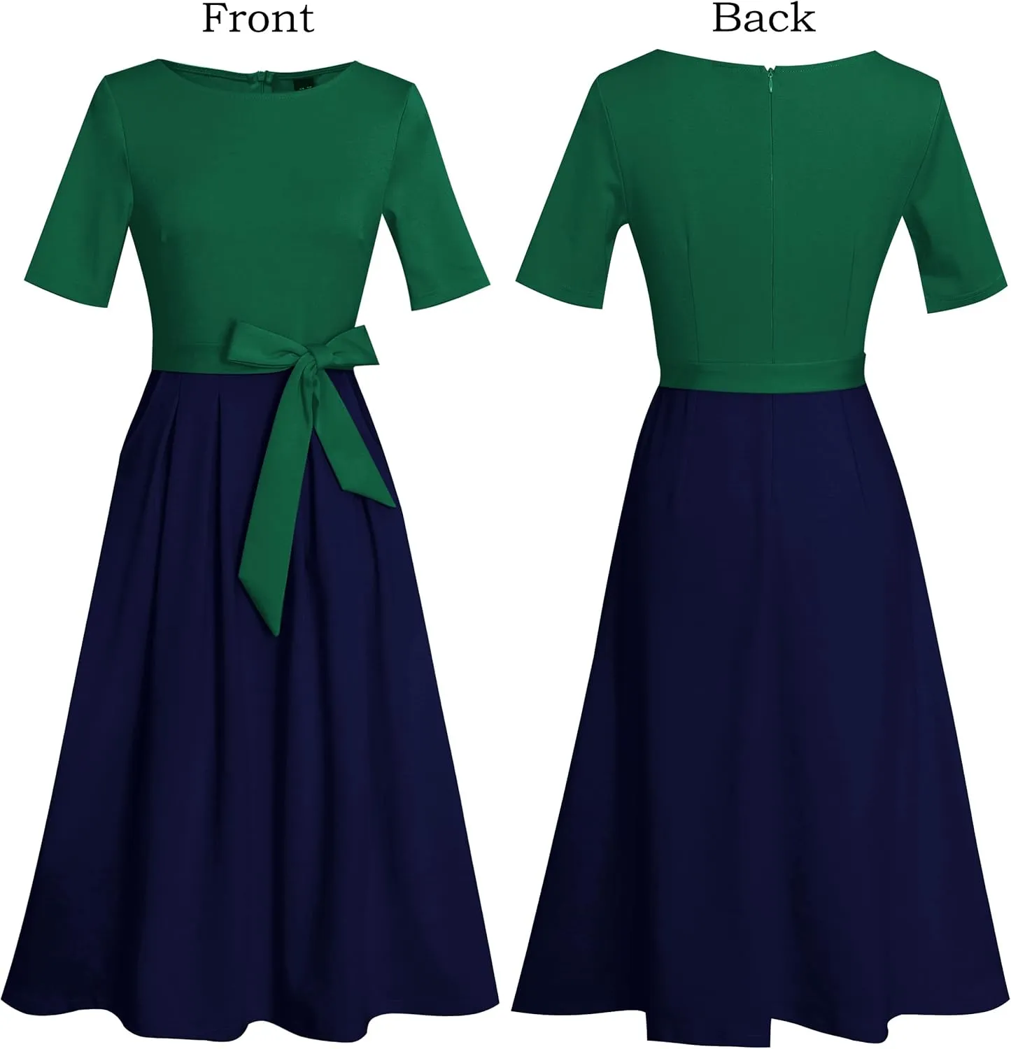 VFSHOW Womens Elegant Patchwork Pockets Pleated Work Office Business Casual Party Belted A-Line Midi Dress