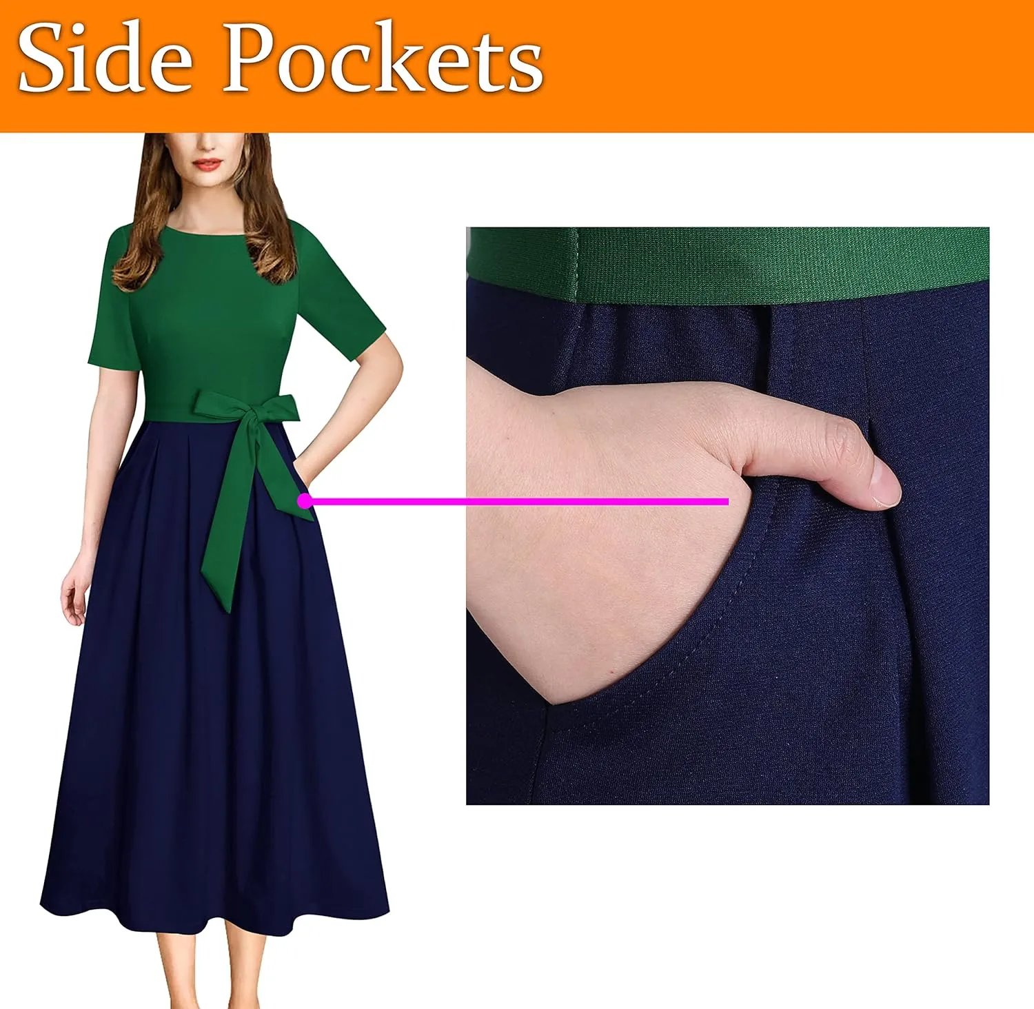 VFSHOW Womens Elegant Patchwork Pockets Pleated Work Office Business Casual Party Belted A-Line Midi Dress
