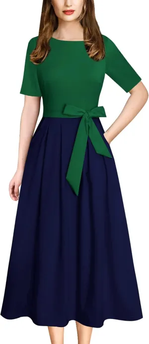 VFSHOW Womens Elegant Patchwork Pockets Pleated Work Office Business Casual Party Belted A-Line Midi Dress