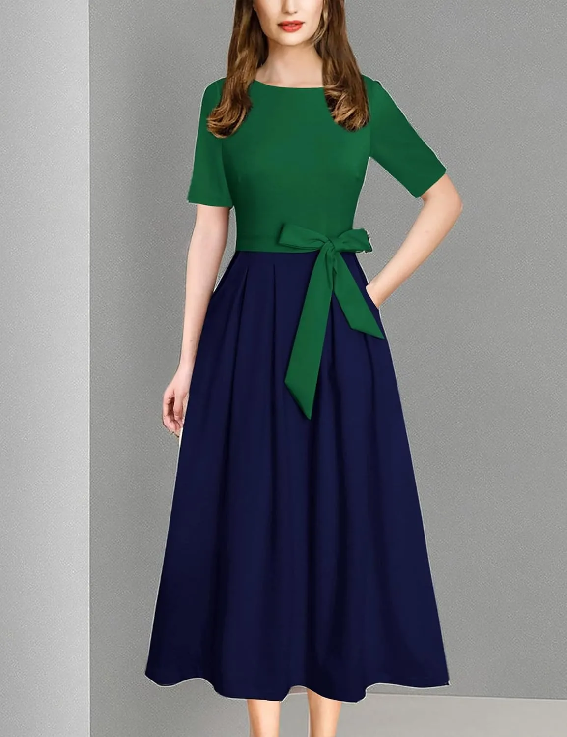 VFSHOW Womens Elegant Patchwork Pockets Pleated Work Office Business Casual Party Belted A-Line Midi Dress