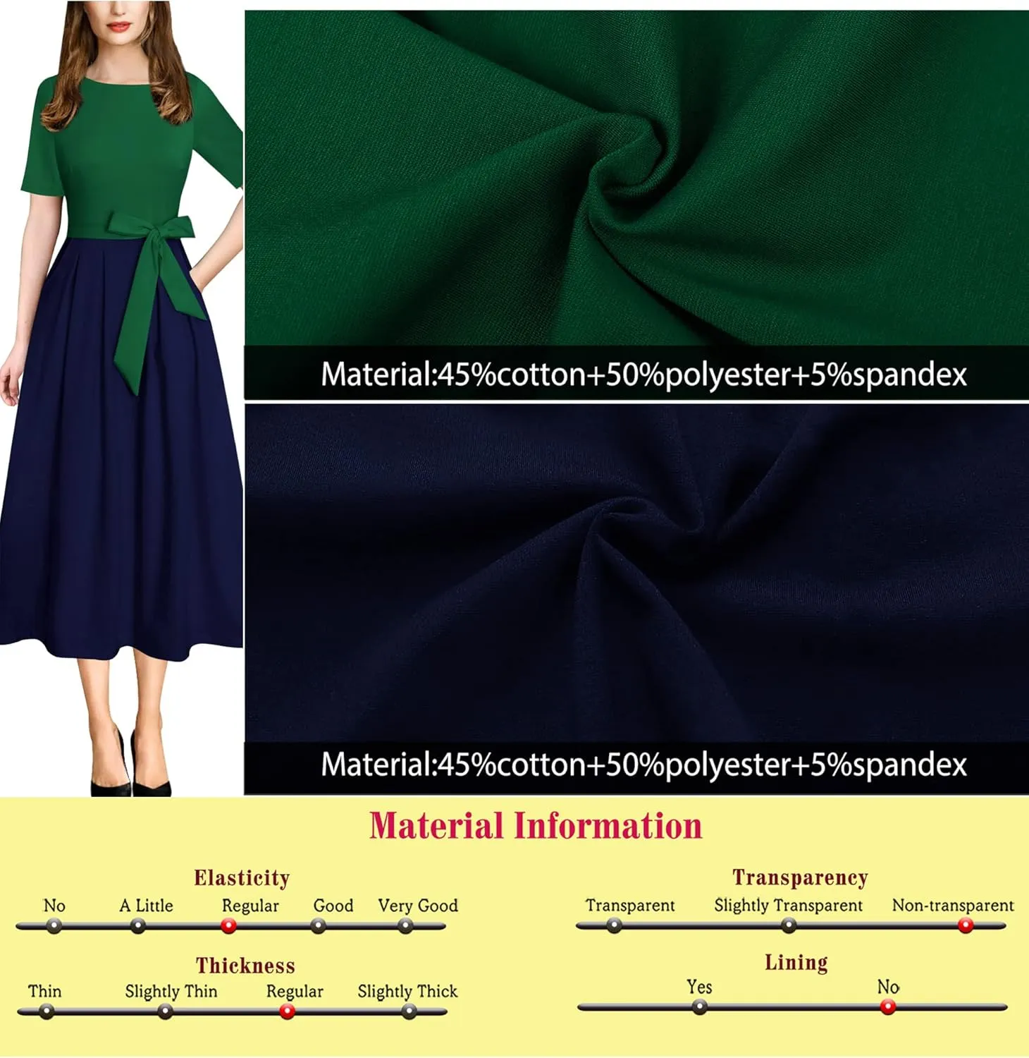 VFSHOW Womens Elegant Patchwork Pockets Pleated Work Office Business Casual Party Belted A-Line Midi Dress