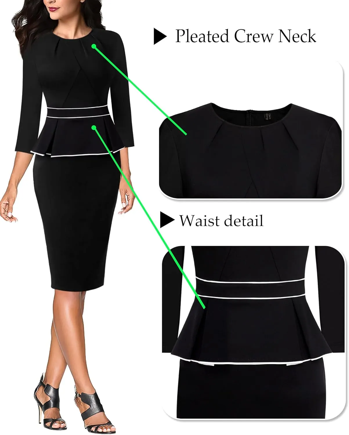 VFSHOW Womens Pleated Crew Neck Peplum Work Business Office Bodycon Pencil Sheath Dress