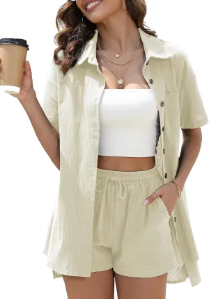 Women 2 Piece Cotton Linen Set,Drap Shoulder High Low Hem Short Sleeve Button Down Shirt & Drawstring Short Pockets