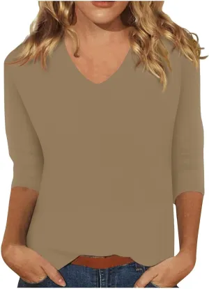 Women's 3/4 Sleeve Tops Trendy Summer 2025 Solid Color V Neck T-Shirts Workout Slim Tunic Blouse Casual Vacation Outfit