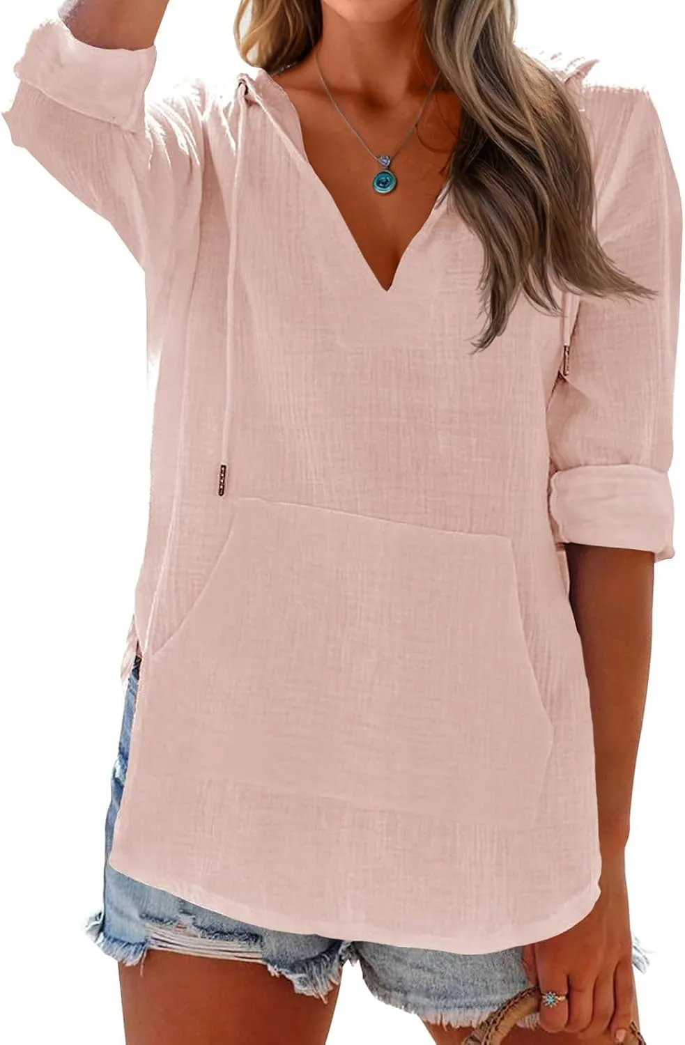 Women's Beach Cover Up Casual V Neck Long Sleeve Linen Hoodie Pullover Tops Lightweight Hooded Shirt with Pocket