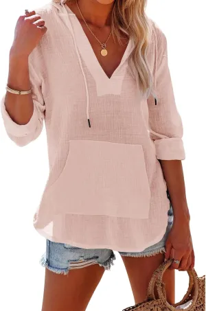 Women's Beach Cover Up Casual V Neck Long Sleeve Linen Hoodie Pullover Tops Lightweight Hooded Shirt with Pocket