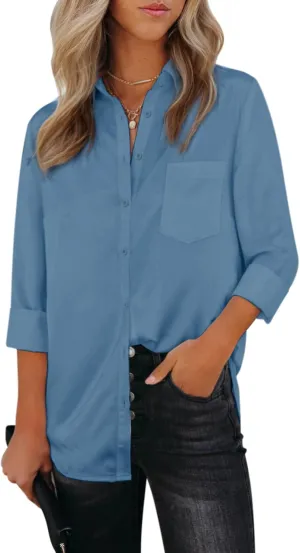 Womens Button Down Shirts Dress Shirts Long Sleeve Collared Blouses V Neck Work Office Tunic Chiffon Tops