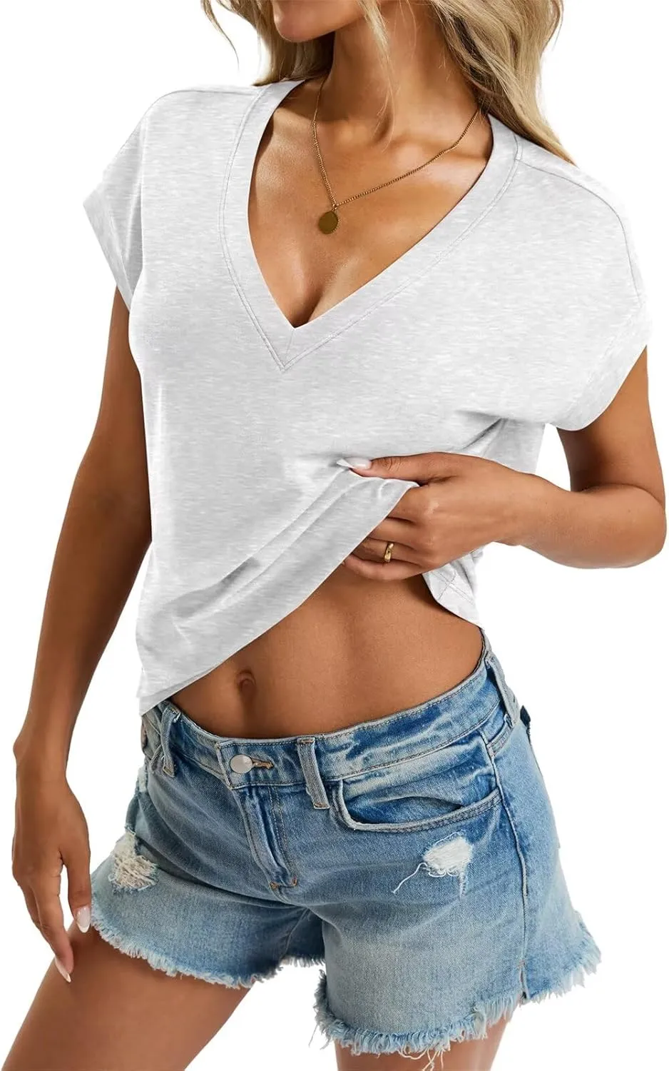 Womens Cap Sleeve Crop Tops Cotton V Neck T Shirt Boxy Loose Fit Short Sleeves Tee Summer Fashion Clothes 2025