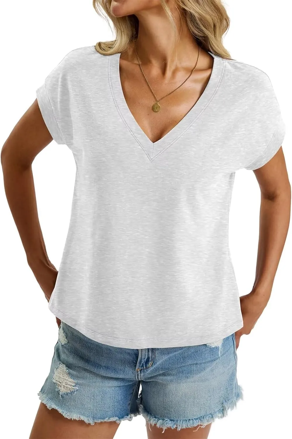 Womens Cap Sleeve Crop Tops Cotton V Neck T Shirt Boxy Loose Fit Short Sleeves Tee Summer Fashion Clothes 2025