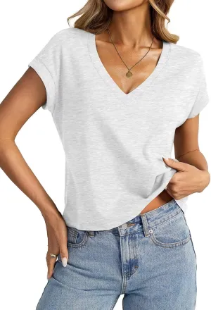 Womens Cap Sleeve Crop Tops Cotton V Neck T Shirt Boxy Loose Fit Short Sleeves Tee Summer Fashion Clothes 2025