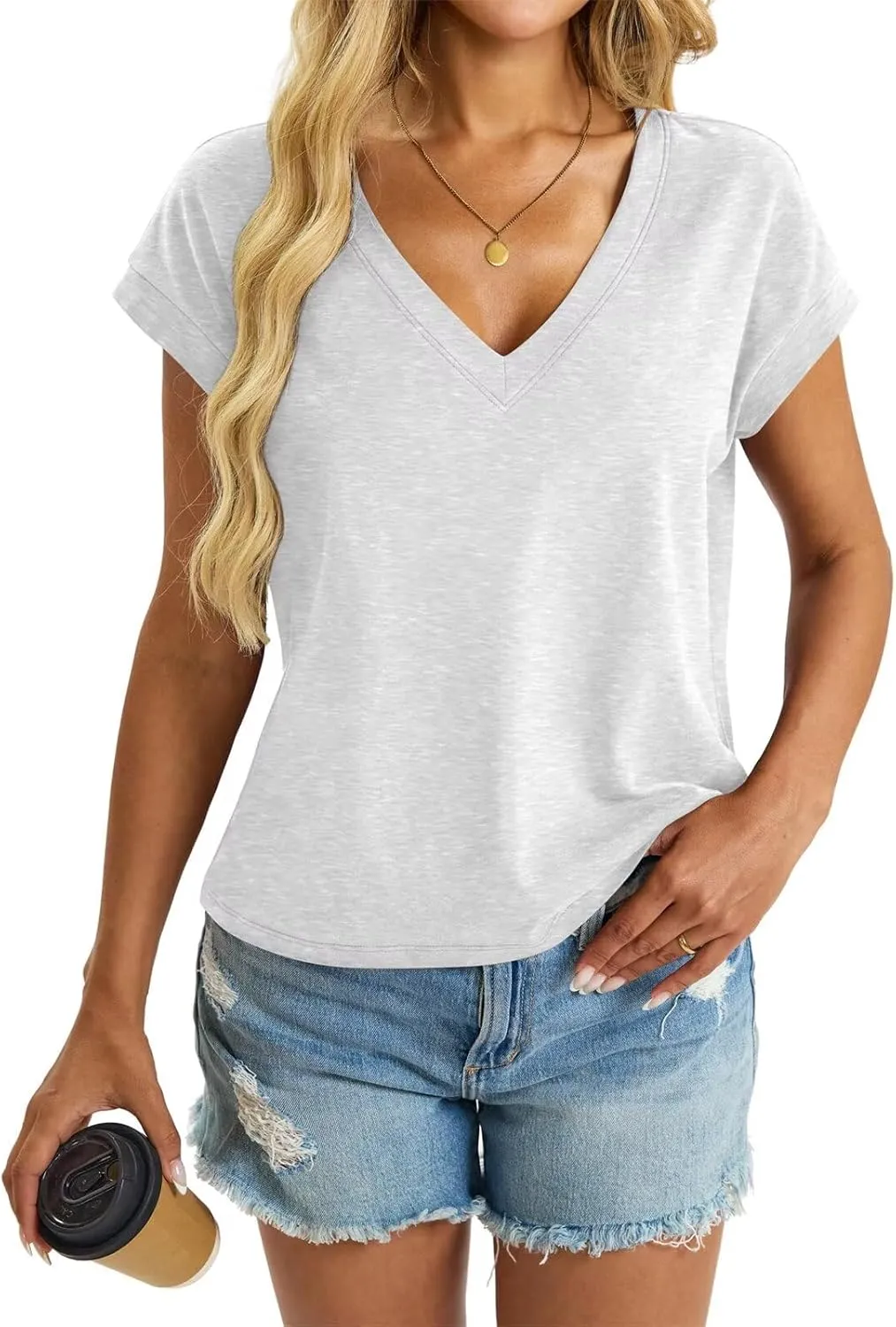 Womens Cap Sleeve Crop Tops Cotton V Neck T Shirt Boxy Loose Fit Short Sleeves Tee Summer Fashion Clothes 2025