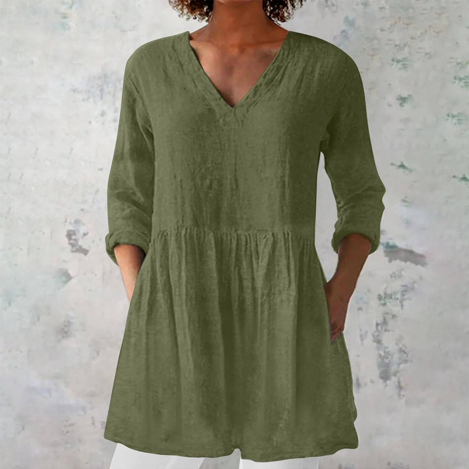 Womens Cotton Linen High Low Flowy Tunic Tops Casual V Neck Long Sleeve Loose Oversized Blouse Summer Beach Shirts