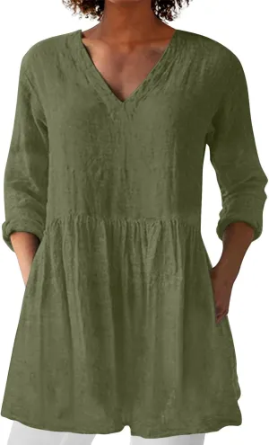Womens Cotton Linen High Low Flowy Tunic Tops Casual V Neck Long Sleeve Loose Oversized Blouse Summer Beach Shirts