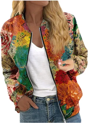 Womens Cropped Bomber Jacket Long Sleeve Zip Up Jackets with Pockets Fashion Stand Collar Shorts Coats Outerwear