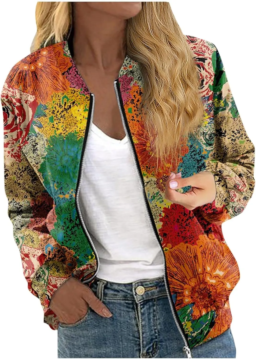 Womens Cropped Bomber Jacket Long Sleeve Zip Up Jackets with Pockets Fashion Stand Collar Shorts Coats Outerwear