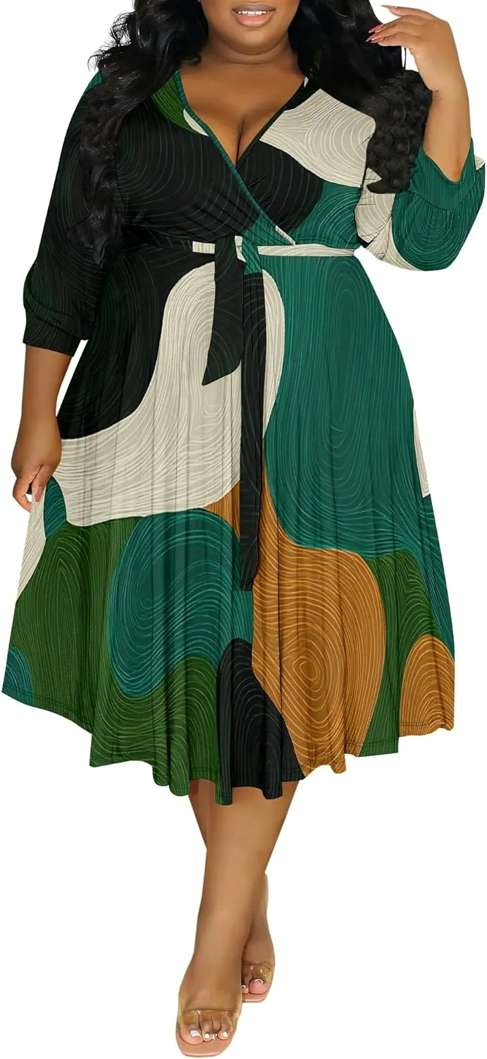 Women's Summer Plus Size Midi Dress Casual 3/4 Sleeves V Neck Sexy Curvy Wrap Ruched High Waist Club Party Dresses with Belt