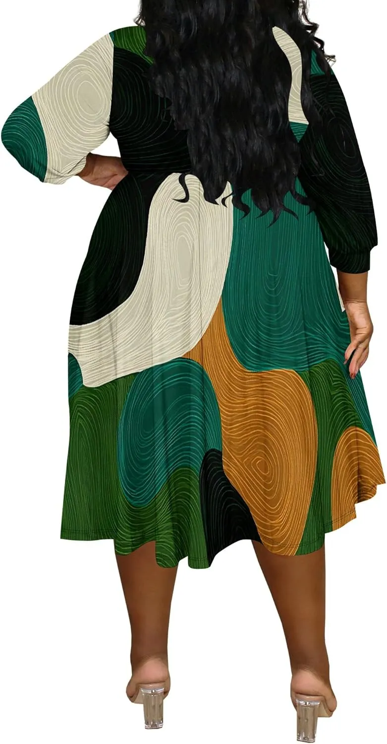 Women's Summer Plus Size Midi Dress Casual 3/4 Sleeves V Neck Sexy Curvy Wrap Ruched High Waist Club Party Dresses with Belt