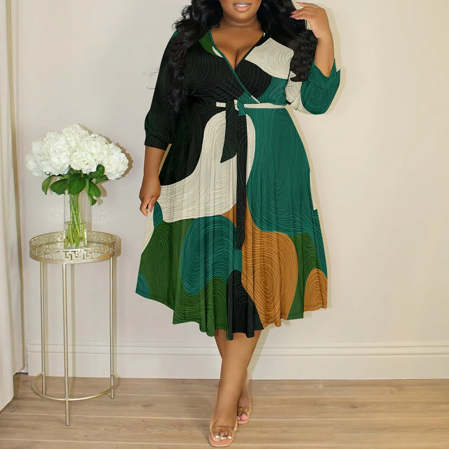 Women's Summer Plus Size Midi Dress Casual 3/4 Sleeves V Neck Sexy Curvy Wrap Ruched High Waist Club Party Dresses with Belt